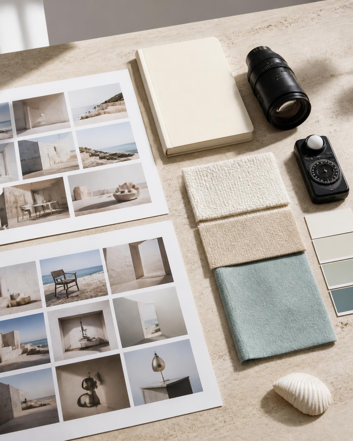 Creative direction table with printed contact sheets, brand color chips, fabric samples, a camera lens and a light meter on limestone in natural light
