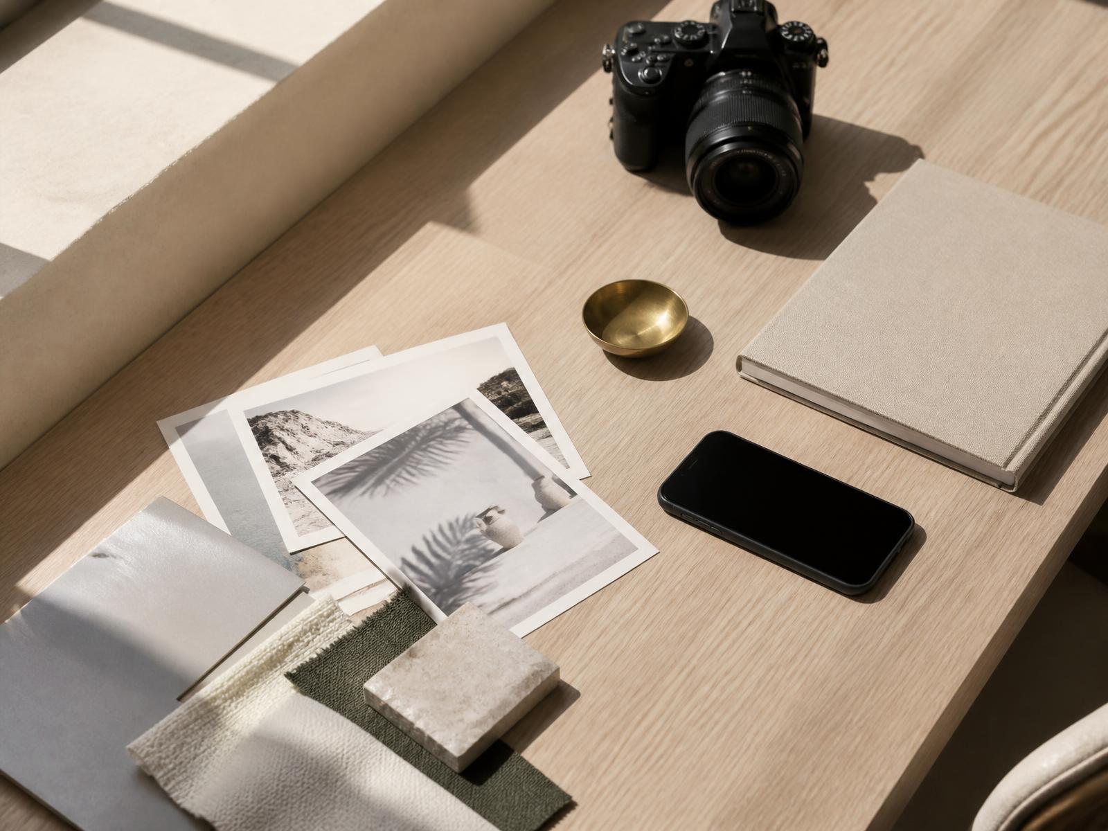 Creative studio desk with a mirrorless camera, printed prints, material swatches and a brass dish in natural light