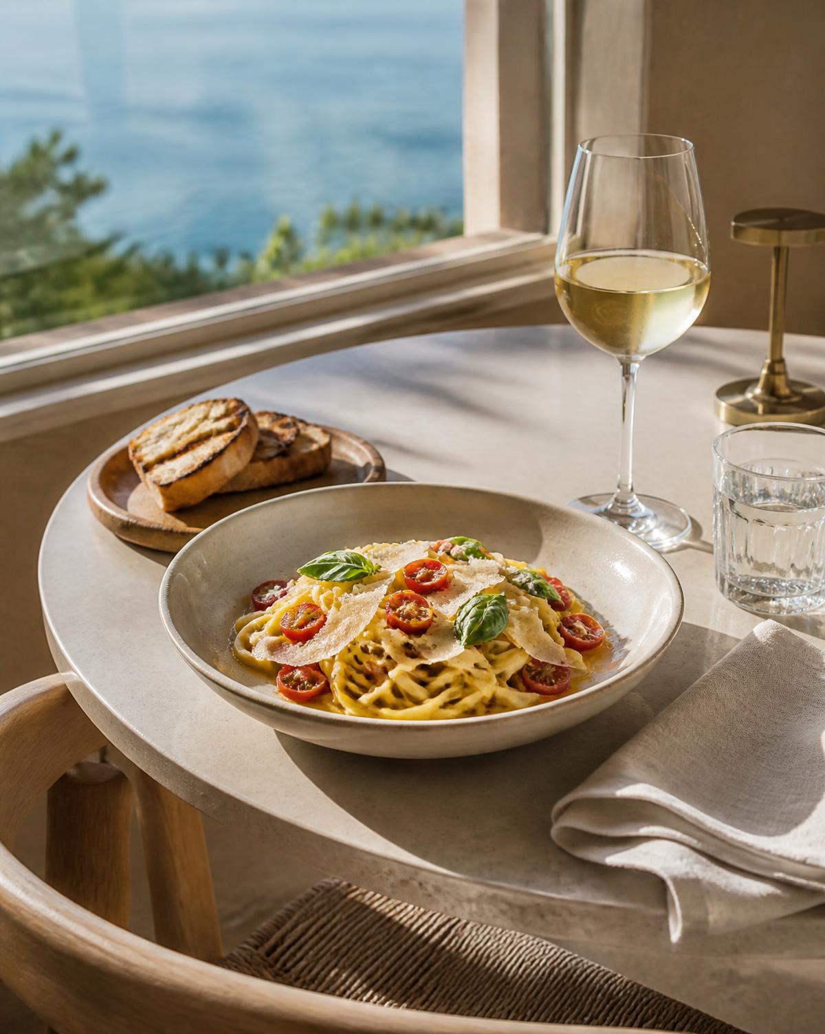 Bowl of fresh pasta with tomatoes and basil, grilled bread, wine and linen on a pale stone restaurant table by a sunlit window