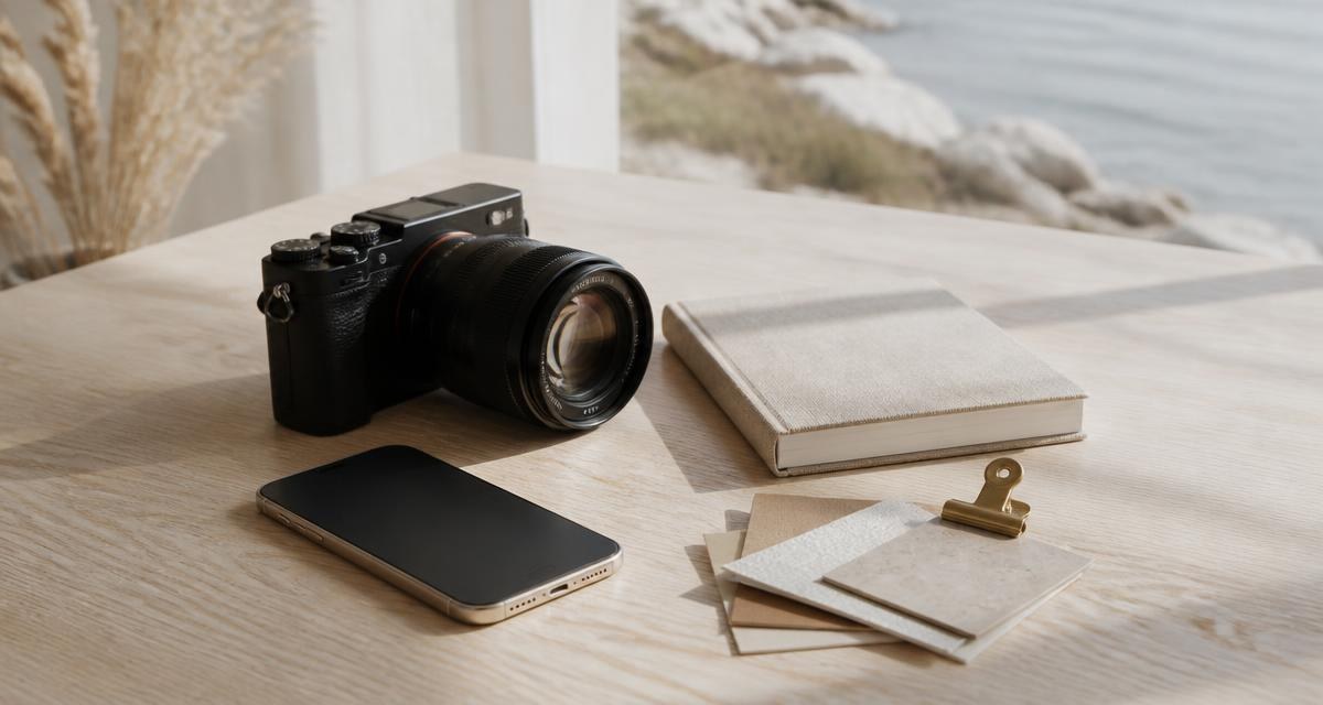 Mirrorless camera, blank-screen phone, linen notebook and material swatches arranged on a white oak table in natural daylight