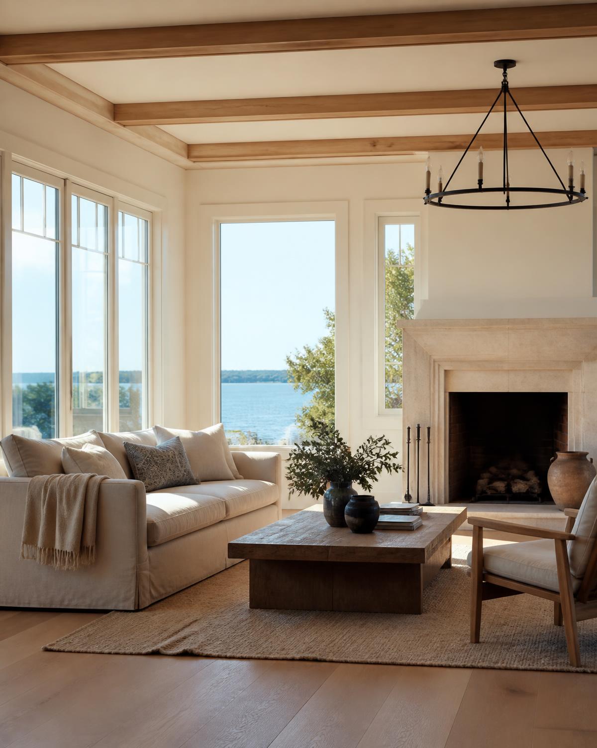 Bright coastal living room with white oak floors, linen sofa and windows overlooking the water