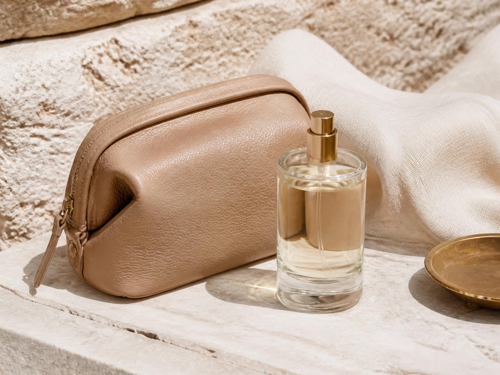 Unlabeled glass bottle and tan leather pouch styled on pale limestone with cream linen for a boutique campaign plan